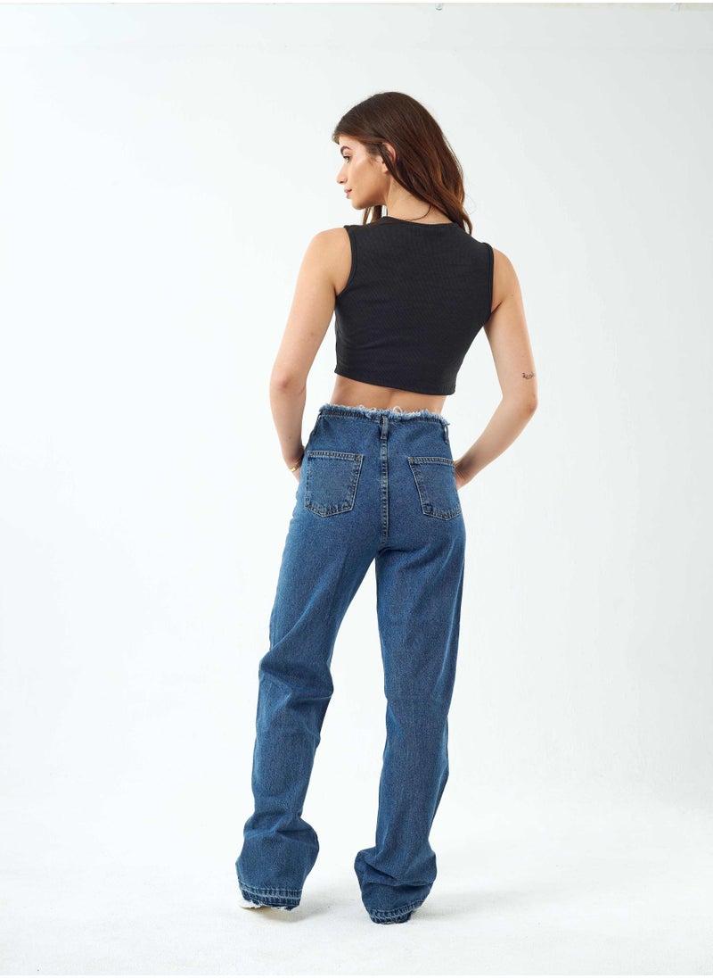 High-Waist Dark Wash Full Length Frayed Waistband Straight Leg Jeans. - pzsku/Z0D9B69C645AD7CDBDCDDZ/45/_/1721181065/82bd11a0-1b3c-437d-b51a-618dabc7a0d2