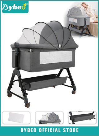 4Pcs Bedside Baby Crib, Portable Folding Babies Bassinet with Mosquito Net, Mattress, Diaper Changing Station, and 360° Swivel Wheels, Height Adjustable Nursery Bed for Infant Newborn - pzsku/Z0D9B6EE13BA6C64570E7Z/45/_/1740117476/157d8796-4160-45ec-b420-be3dee6f721a