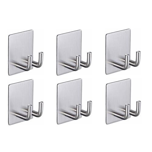 JIALTO 6 pcs Self-Adhesive Waterproof Stainless Steel Hooks: Heavy-Duty Wall Hangers for Bathroom & Kitchen - No Drill Needed, Strong Hold for Coats and Towels (Double Hook Silver) - Image 1