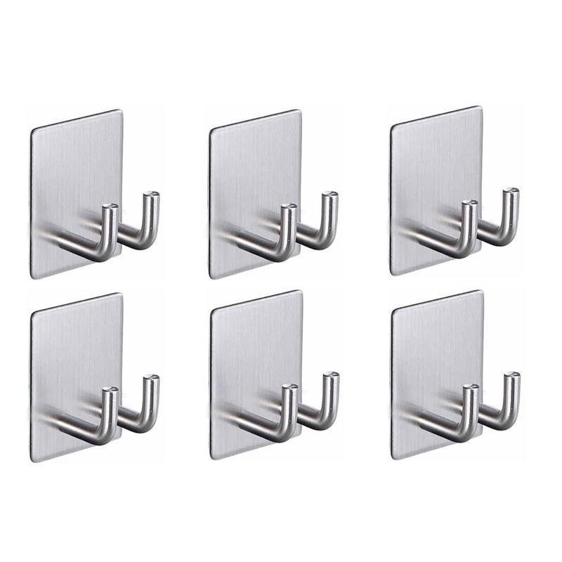 JIALTO 6 pcs Self-Adhesive Waterproof Stainless Steel Hooks: Heavy-Duty Wall Hangers for Bathroom & Kitchen - No Drill Needed, Strong Hold for Coats and Towels (Double Hook Silver) - Image 5