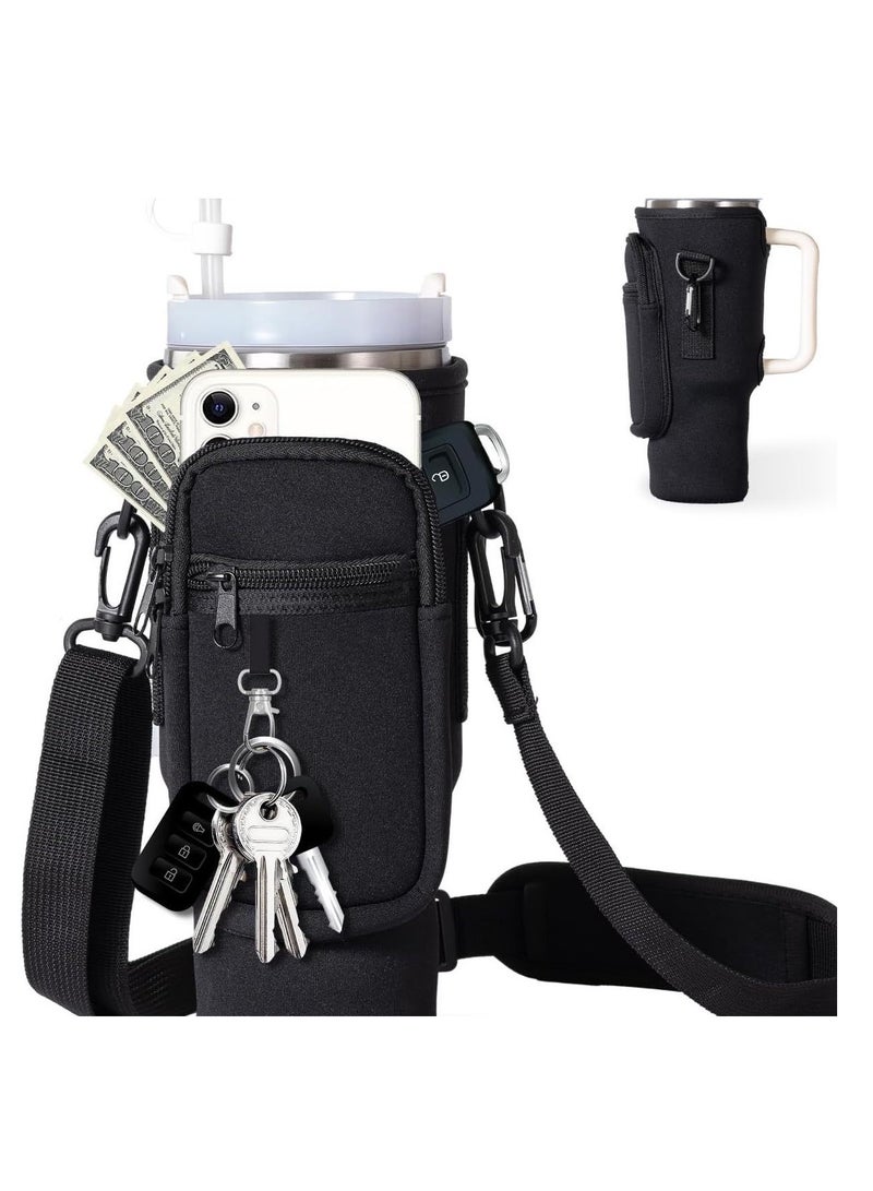 black color durable neoprene water bottle carrier bag for Stanley tumbler with zipper pocket and adjustable strap water bottle sleeve  - Image 1