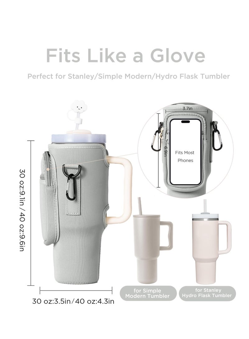 black color durable neoprene water bottle carrier bag for Stanley tumbler with zipper pocket and adjustable strap water bottle sleeve  - Image 2
