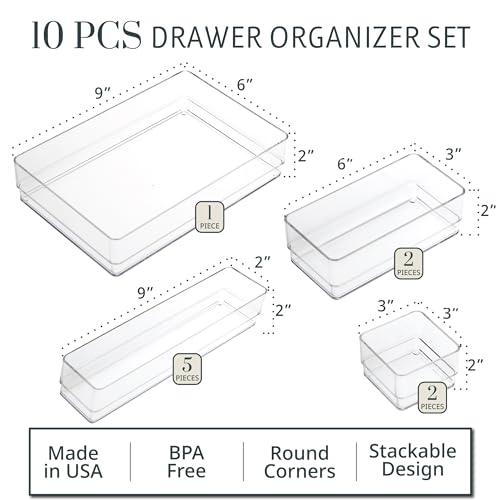 STORi SimpleSort 10-Piece Stackable Clear Drawer Organizer Set | Multi-size Trays | Makeup Vanity Storage Bins and Office Desk Drawer Dividers | Made in USA - Image 2
