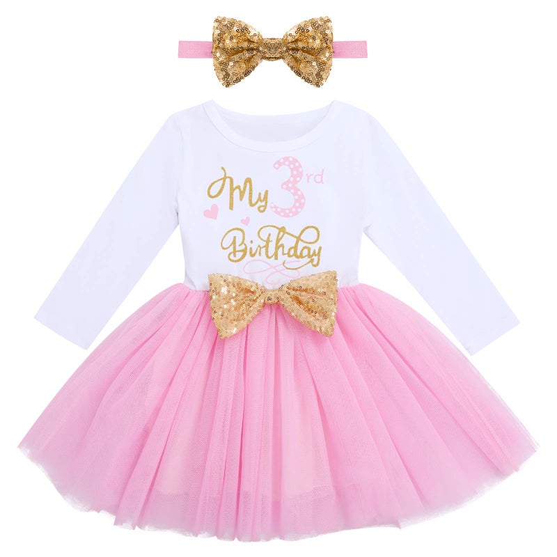ODASDO Toddler Kids Girl My 3rd Third Birthday Cake Smash Outfit Cotton Long Sleeve Princess A-line Tutu Tulle Dress Bowknot Headband Set Three Years Old Party Clothes Photo Props Pink 3 Years - Image 1