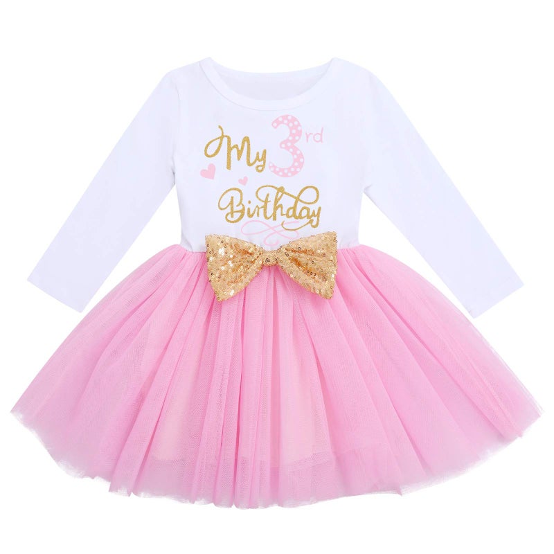 ODASDO Toddler Kids Girl My 3rd Third Birthday Cake Smash Outfit Cotton Long Sleeve Princess A-line Tutu Tulle Dress Bowknot Headband Set Three Years Old Party Clothes Photo Props Pink 3 Years - Image 3