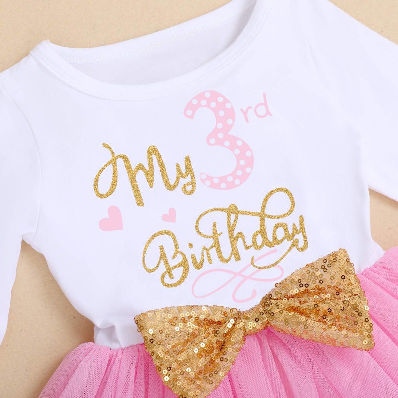 ODASDO Toddler Kids Girl My 3rd Third Birthday Cake Smash Outfit Cotton Long Sleeve Princess A-line Tutu Tulle Dress Bowknot Headband Set Three Years Old Party Clothes Photo Props Pink 3 Years - Image 2