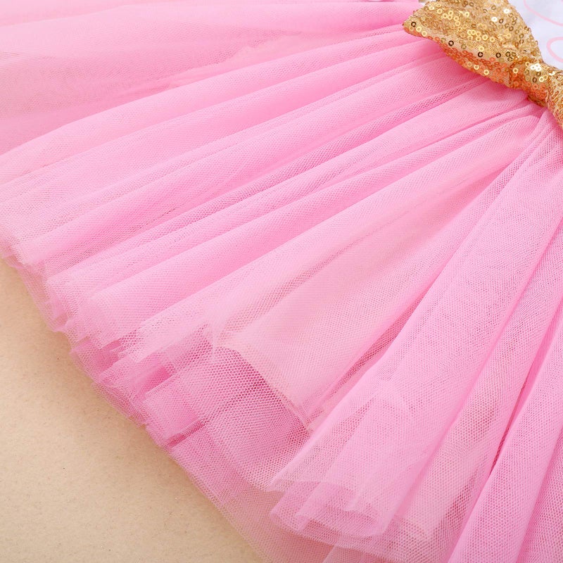 ODASDO Toddler Kids Girl My 3rd Third Birthday Cake Smash Outfit Cotton Long Sleeve Princess A-line Tutu Tulle Dress Bowknot Headband Set Three Years Old Party Clothes Photo Props Pink 3 Years - Image 5