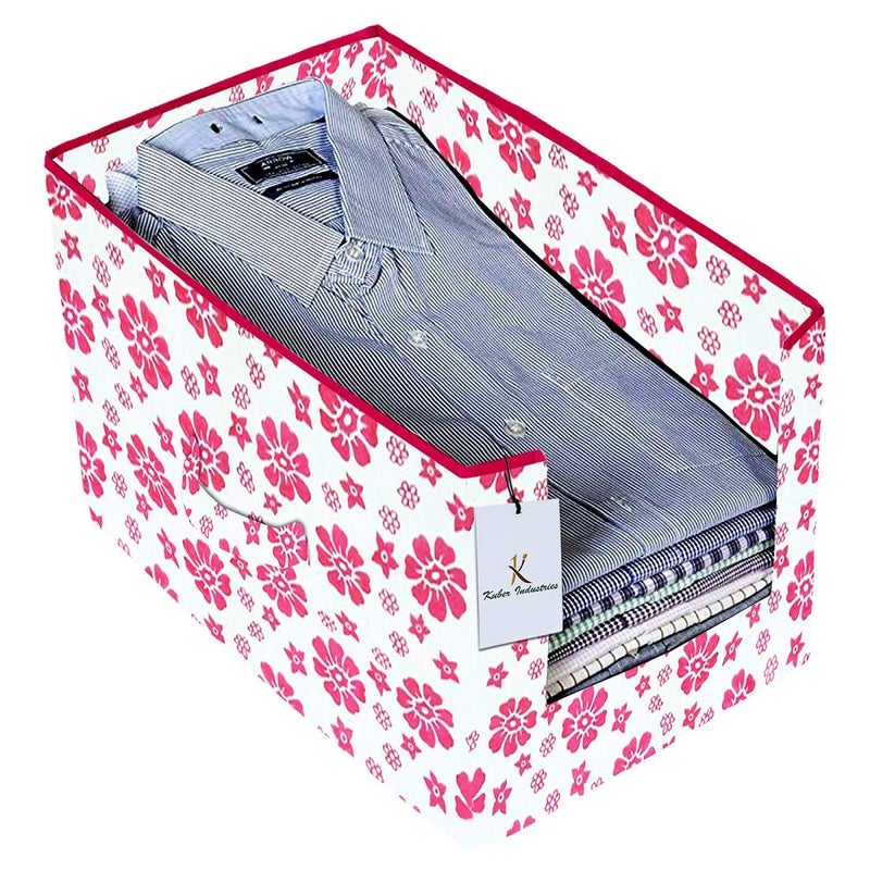Kuber Industries Flower Printed 2 Piece Non Woven Shirt Stacker Wardrobe Organizer Set Pink Ivory Red CTKTC035014 - Image 2