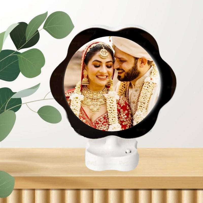 Gifts hub Gifts hub PersonalizedCustomized Flower Shape LED Magic Mirror Photo Frame Gift for Anniversary Birthday Home Decor and Special Occasions WhiteTabletop - Image 1