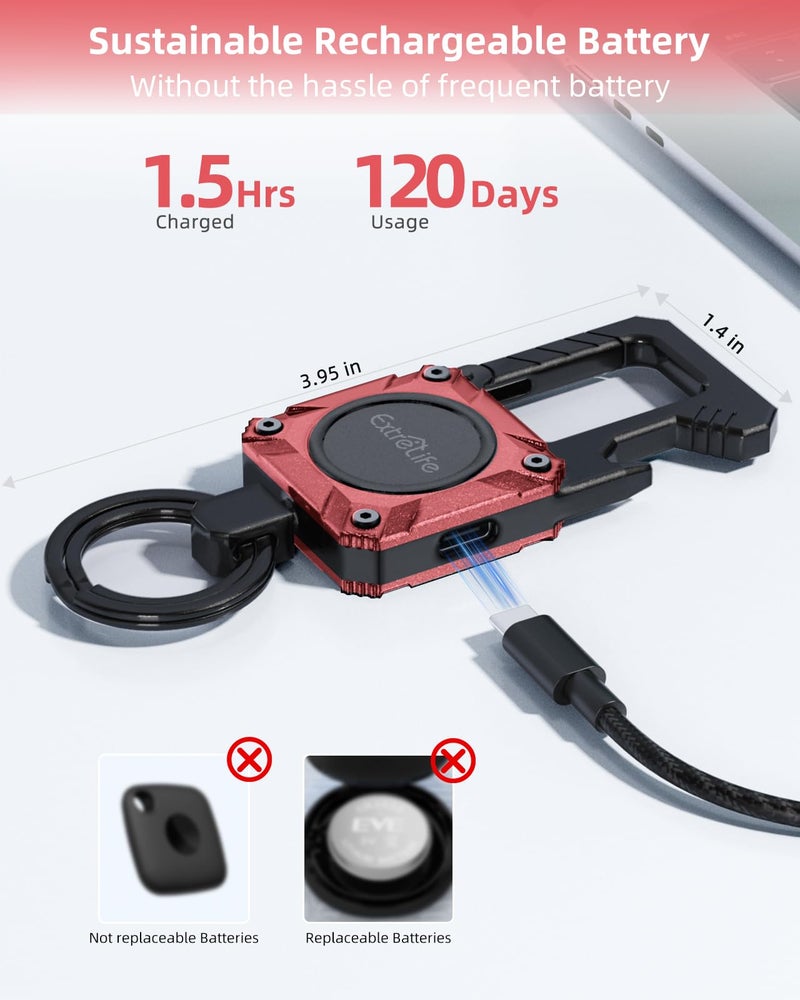 ExtreLife Keychain, Works with Apple Find My, Heavy Duty Key Chain Bottle Opener, Carabiner Car Key Chains with GPS Tracker, Key Finder, Bluetooth Tracker for Luggage, Kids, Bags and More, Rechargeable, Red - Image 4