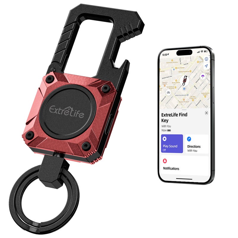 ExtreLife Keychain, Works with Apple Find My, Heavy Duty Key Chain Bottle Opener, Carabiner Car Key Chains with GPS Tracker, Key Finder, Bluetooth Tracker for Luggage, Kids, Bags and More, Rechargeable, Red - Image 1