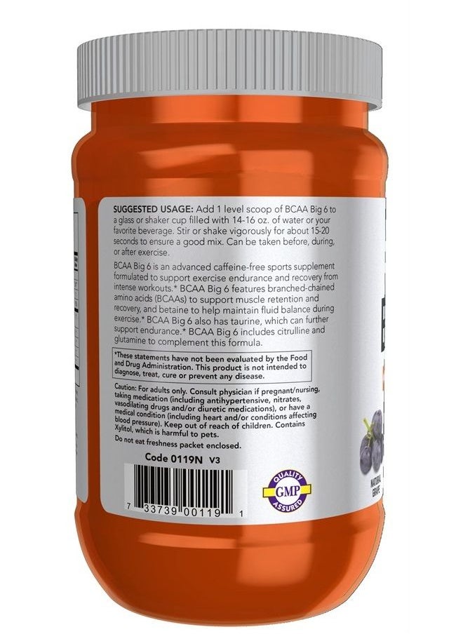now - Sports Nutrition, BCAA (Branched Chain Amino Acids) Big 6, Grape Flavor, 600 Grams - Image 1