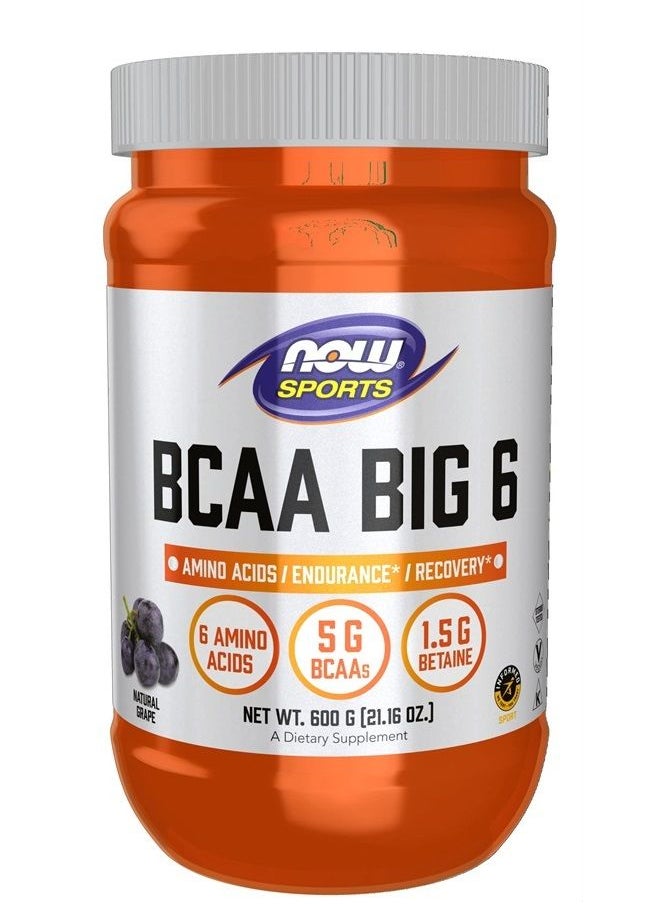 now - Sports Nutrition, BCAA (Branched Chain Amino Acids) Big 6, Grape Flavor, 600 Grams - Image 1