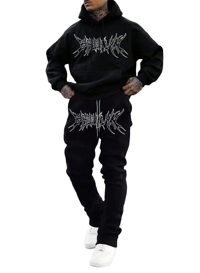 WDIRARA Men's 2 Piece Outfits Letter Graphic Print Long Sleeve Pocket Sweatshirt and Sweatpants Tracksuit Set Black Medium - Image 1