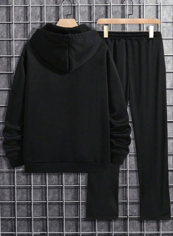 WDIRARA Men's 2 Piece Outfits Letter Graphic Print Long Sleeve Pocket Sweatshirt and Sweatpants Tracksuit Set Black Medium - Image 2