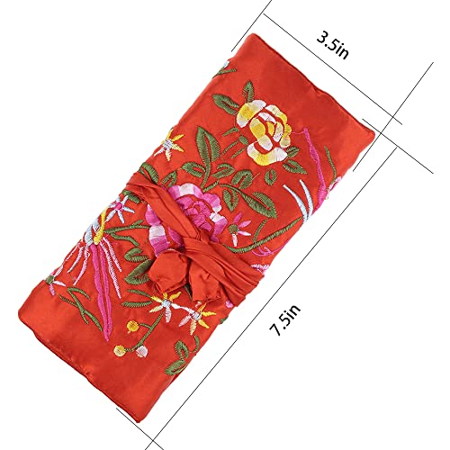 Lidwot Red Multi-Use Silk Jewelry Organizer Roll – Vintage Embroidery Case for Travel/Daily/Events Foldable Zippered Pouch for Rings & Necklaces | Luxury Compact Gift. - Image 4