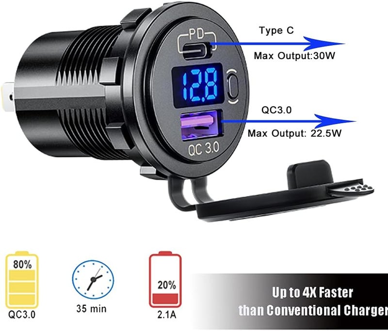 GemCoo PD Type C USB Car Charger Socket and QC 3.0 Quick Charger Car Power Outlet Socket with ON/Off Switch and LED Voltmeter Waterproof 12V/24V for Motorcycle Marine RV ATV - Image 5