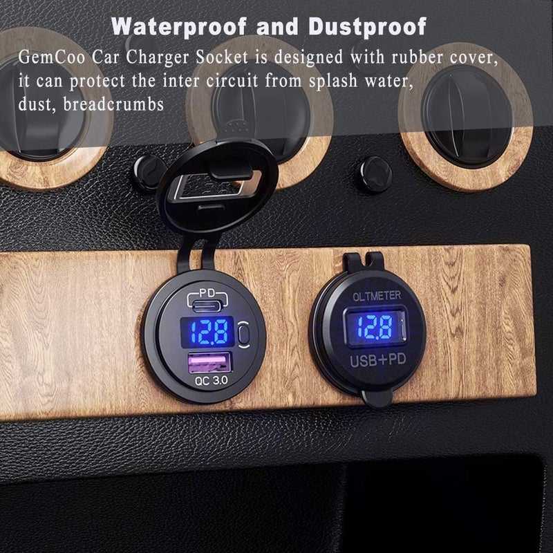 GemCoo PD Type C USB Car Charger Socket and QC 3.0 Quick Charger Car Power Outlet Socket with ON/Off Switch and LED Voltmeter Waterproof 12V/24V for Motorcycle Marine RV ATV - Image 3