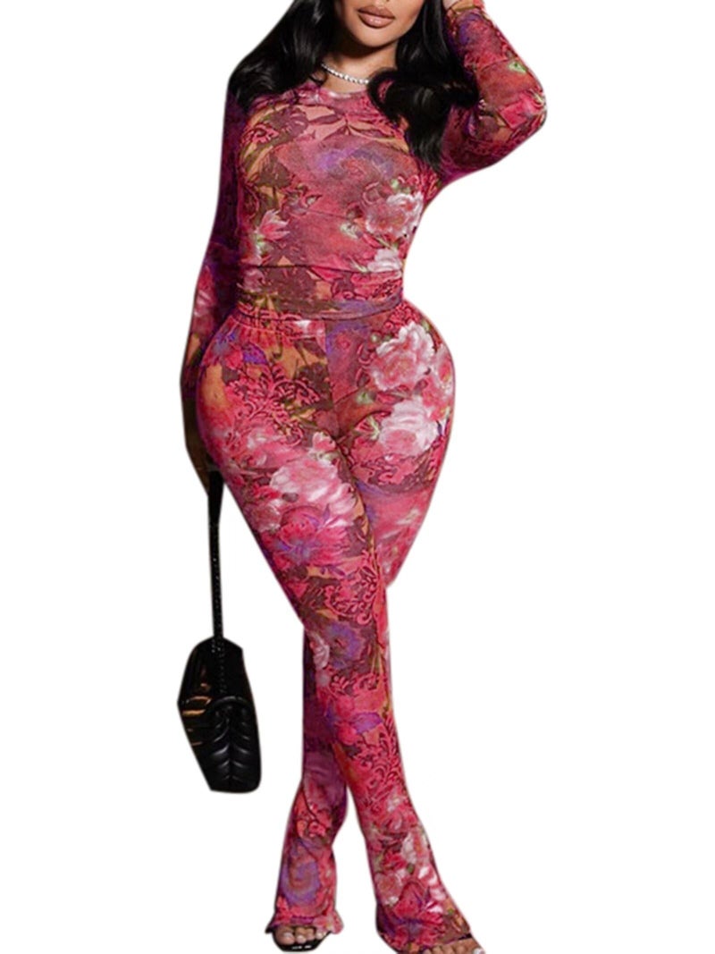 Uni Clau Womenâ€™s Sexy 2 Piece Set Floral Print See Through Mesh Long Sleeve Crew Neck Tops and Long Pants Sets Matching Set - Image 1