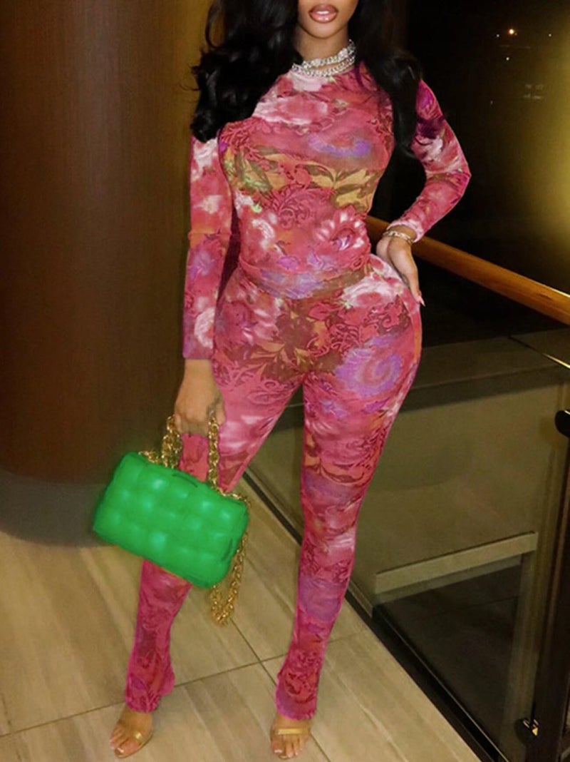 Uni Clau Womenâ€™s Sexy 2 Piece Set Floral Print See Through Mesh Long Sleeve Crew Neck Tops and Long Pants Sets Matching Set - Image 2