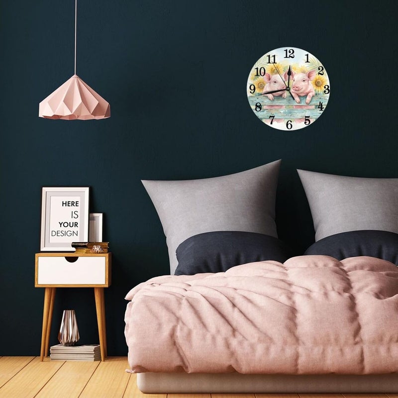 Abucaky Cute Pigs with Sunflowers Wall Clock Battery Operated Silent Round Clock Wall Decor for Home Office School, 9.8 Inch - Image 4