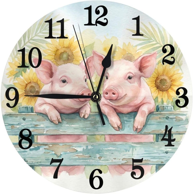 Abucaky Cute Pigs with Sunflowers Wall Clock Battery Operated Silent Round Clock Wall Decor for Home Office School, 9.8 Inch - Image 1