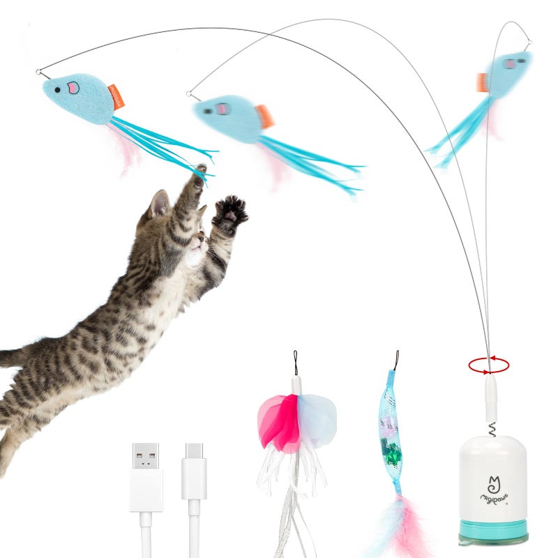 Migipaws Interactive Automatic Cat Teaser Wand Toy with Strong Suction Cup, 70cm Flexible Wire & DIY Bending Design, Rechargeable Cat Exercise Toy with Auto Timer for Indoor Cats (White) - Image 1