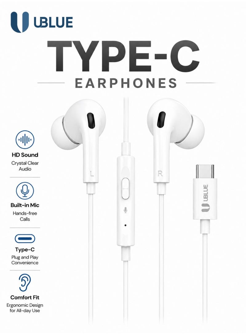 يوبلو سماعات أذن UBLUE USB-C (من النوع C)، سماعات أذن سلكية داخلية مع ميكروفون، شريحة رقمية، محرك 10 مم، كابل بطول 1.2 متر، لون أبيض، متوافقة مع iPhone Air/17/17Pro Max/16/15 وSamsung S25/S24/S23 Ultra وHuawei وXiaomi وGoogle - Image 1