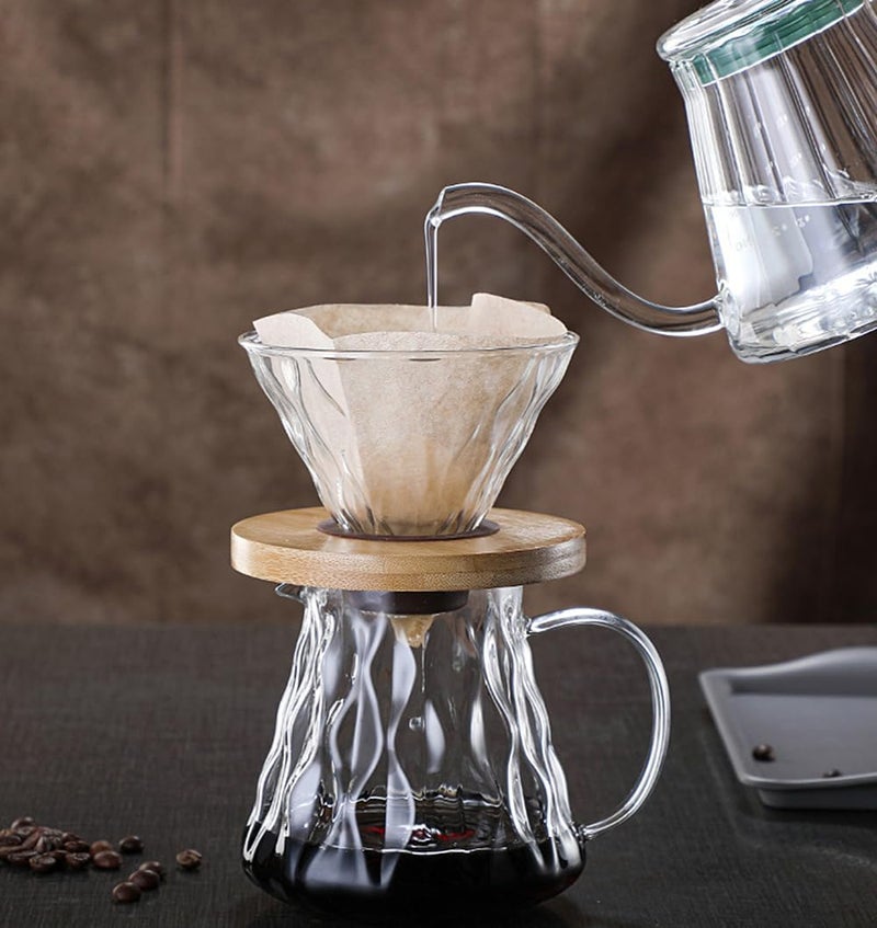 Moonmen V60 Pour Over Coffee Maker Dripper Set, 600ml Glass Coffee Server Pot Size 02, V60 Glass Coffee Dripper with Wood Stand Dripper for Home Office Carafe Gift-Grey (Ripple Style with Paper) - Image 2