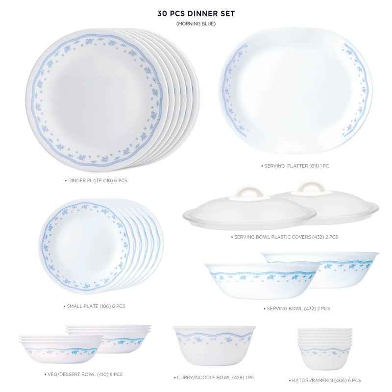 Corelle Morning Blue Glass 30Pcs Dinner Set, Multicolor - Image 3