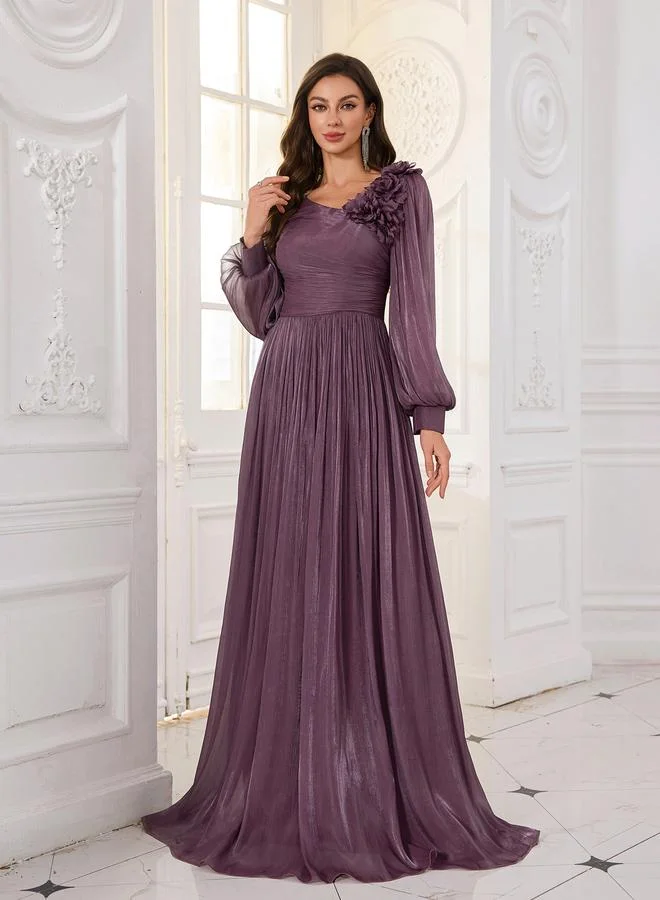 Unithorse Purple Plisse Maxi Evening Dress with 3D Floral