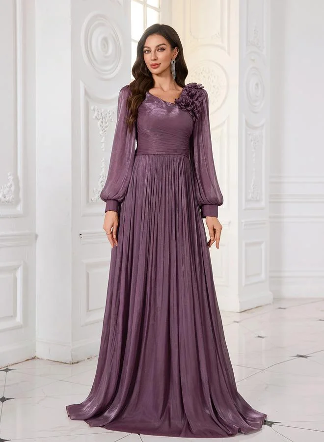 Unithorse Purple Plisse Maxi Evening Dress with 3D Floral