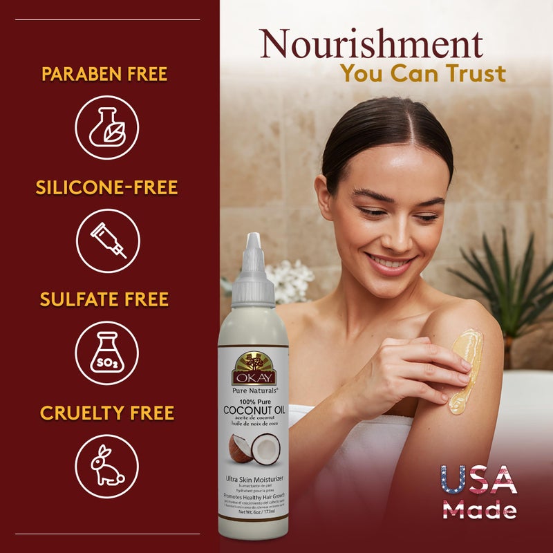 OKAY 100% Pure Coconut Oil for Hair & Skin - Coconut Oil for Women & Men, Perfect for Body & Face, for Massage & Moisturizer, Natural - 6 Fl Oz Squeeze Bottle (Pack of 1) - Image 5