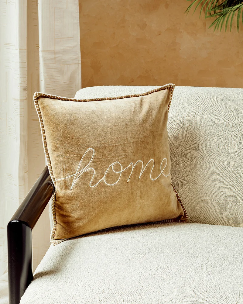 REDTAG Beige Home Embroidery Velvet Cushion