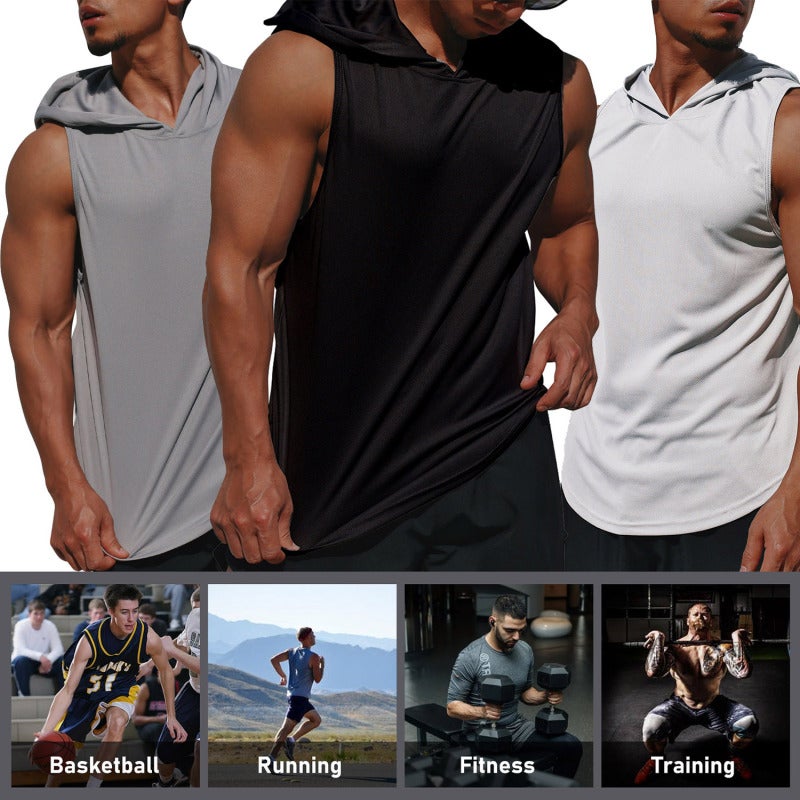 Men Hooded Vest Sport Basketball Gym Workout Quick Dry Loose Tank Tops Sportswear - Image 2