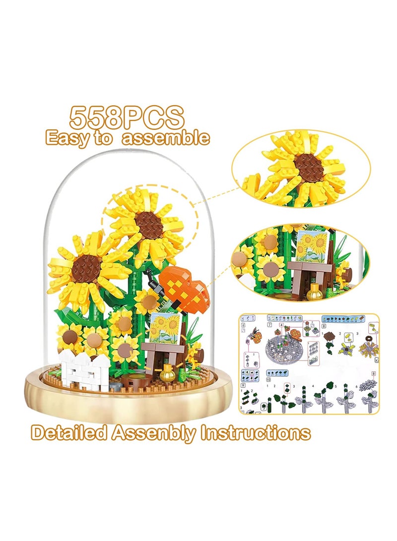 558Pcs Mini Brick Flower Bouquet Building Kit - DIY Sunflower Bouquet with Dust Cover, Perfect for Adults, Botanical Collection Gift for Mom's Birthday or Special Occasions. - Image 4
