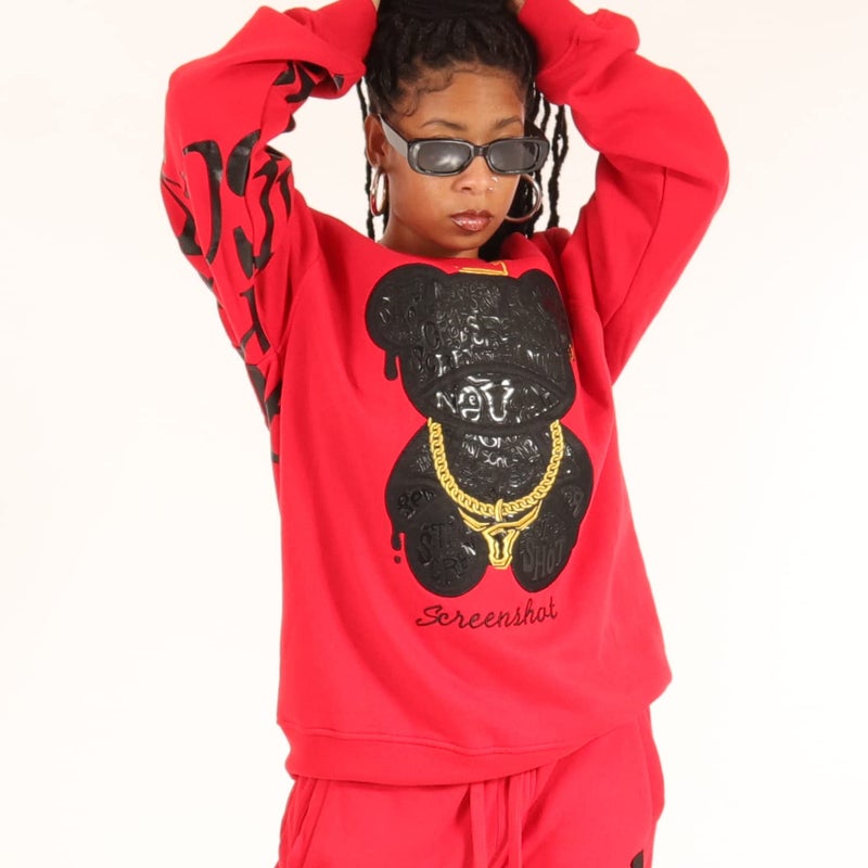 SCREENSHOT-F11222 Mens Urban Hip Hop Premium Streetwear Fleece Top - Big Head Shadow Teddy Bear Patch Embroidery Gel Print Crew Neck Pullover Sweatshirt-Red-Xlarge - Image 3