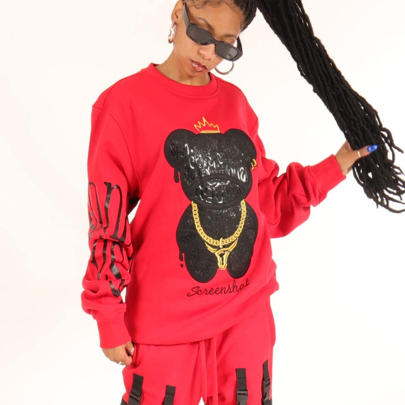 SCREENSHOT-F11222 Mens Urban Hip Hop Premium Streetwear Fleece Top - Big Head Shadow Teddy Bear Patch Embroidery Gel Print Crew Neck Pullover Sweatshirt-Red-Xlarge - Image 2