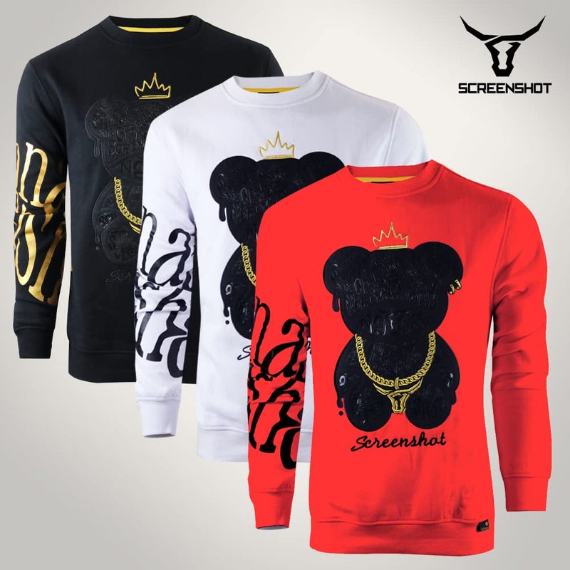 SCREENSHOT-F11222 Mens Urban Hip Hop Premium Streetwear Fleece Top - Big Head Shadow Teddy Bear Patch Embroidery Gel Print Crew Neck Pullover Sweatshirt-Red-Xlarge - Image 4