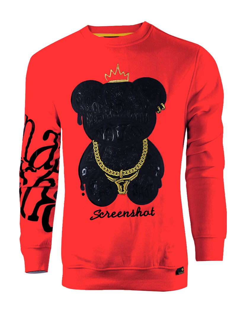 SCREENSHOT-F11222 Mens Urban Hip Hop Premium Streetwear Fleece Top - Big Head Shadow Teddy Bear Patch Embroidery Gel Print Crew Neck Pullover Sweatshirt-Red-Xlarge - Image 1