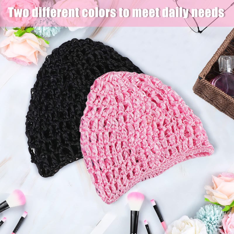 Geyoga 2 Pieces Mesh Crochet Hair Net Rayon Knit Snood Cap Cover Crocheted Shower Caps Sleep Hat for Women(Black, Pink) - Image 5