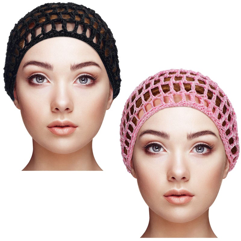Geyoga 2 Pieces Mesh Crochet Hair Net Rayon Knit Snood Cap Cover Crocheted Shower Caps Sleep Hat for Women(Black, Pink) - Image 1