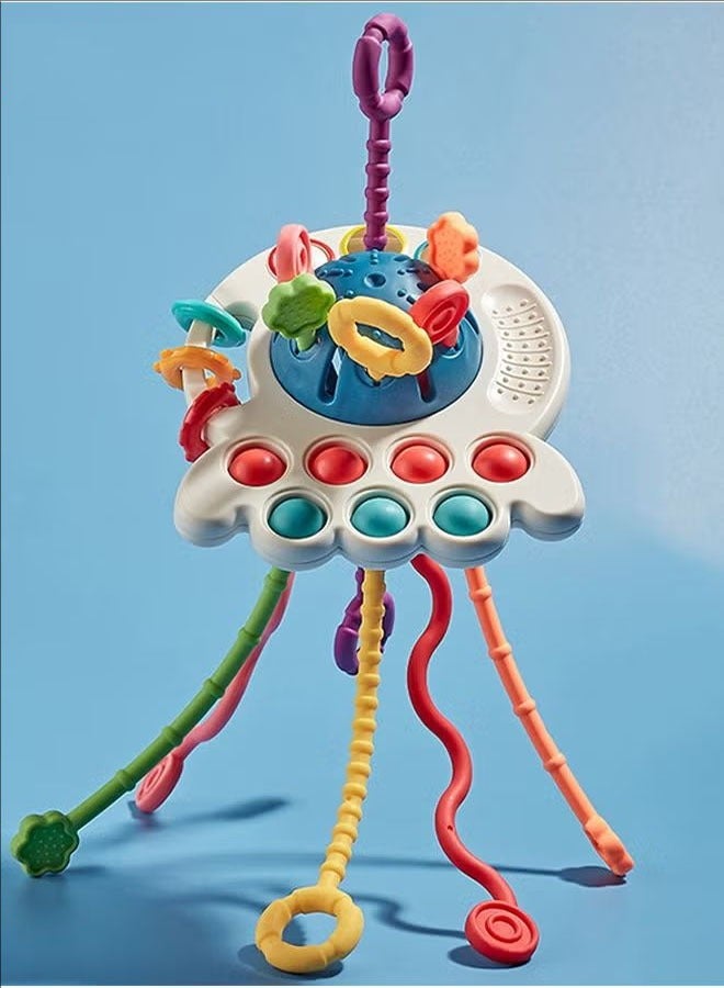 Multi-Sensory Silicone Baby Toys, Children's String Pulling Toys, Silicone Baby Teething Toys, Sensory Baby Toys, Lightweight And Portable, Can Be Used In Baby Cots, Strollers, Car Seats, Blue.  - Image 1