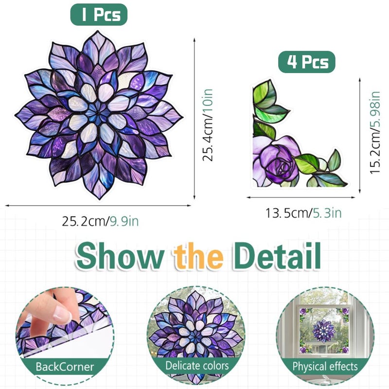 VIOKKO Pack of 5 Stained Double-Sided Glass Window Clings Non Adhesive Static Flower Hummingbird Window Decals Sliding Glass Door Stickers Film to Prevent Bird Strikes for Office Bathroom - Image 2