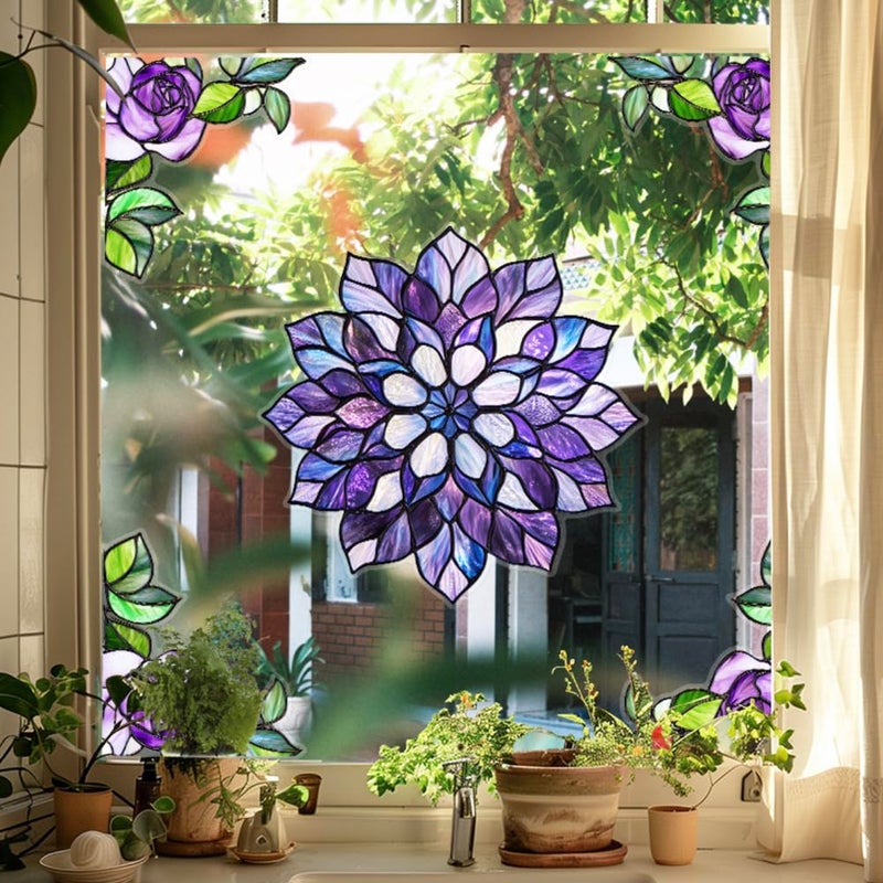 VIOKKO Pack of 5 Stained Double-Sided Glass Window Clings Non Adhesive Static Flower Hummingbird Window Decals Sliding Glass Door Stickers Film to Prevent Bird Strikes for Office Bathroom - Image 5