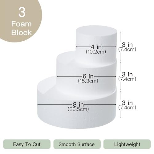 Crafare 3 Tiers Round Foam Cake Dummies Set 4" 6" 8" White Fake Practice Cake Dummy 9 Inch Tall for Christmas Wedding Supplies Baby Shower Birthday Cake Decorating Display - Image 3
