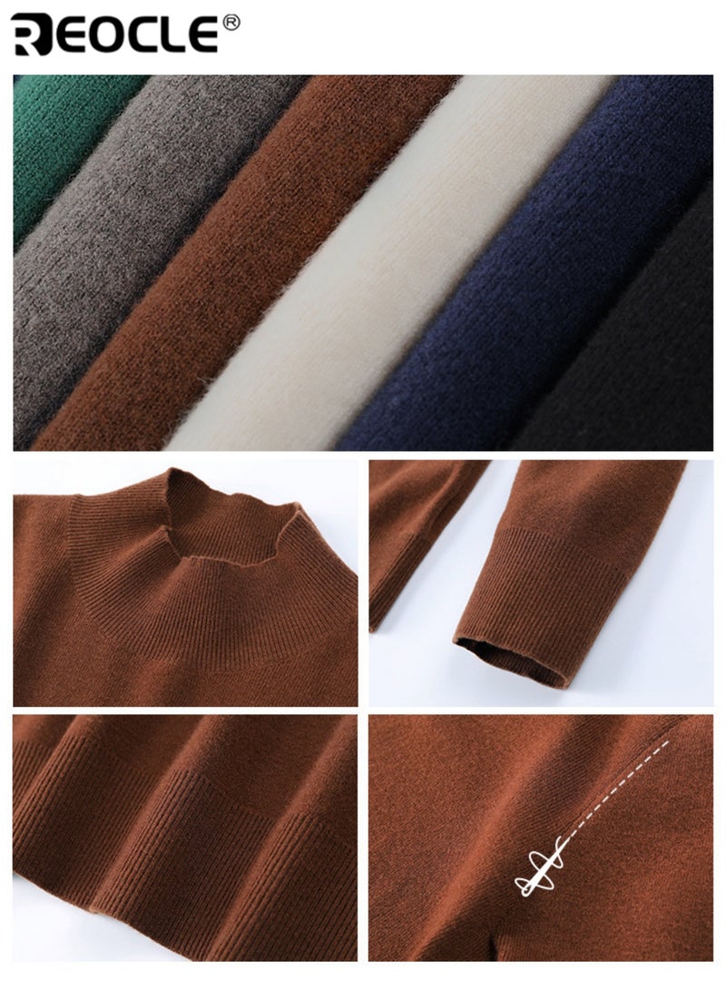 REOCLE Men's Semi-Turtleneck Sweater with Slim Fit and Stretch Design Long Sleeve Knit Top with Modal Wool Blend for Base Layer Wear - Image 5