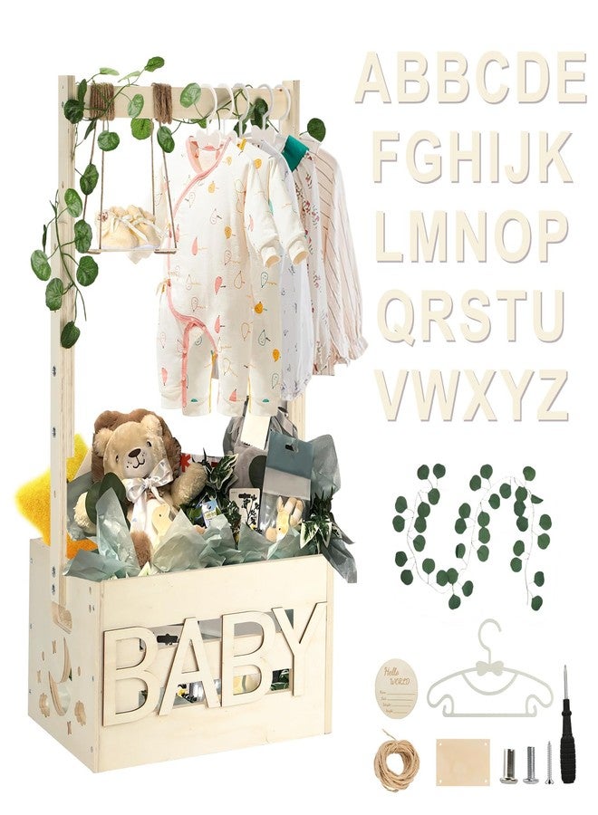 TAEYONK Wooden Baby Shower Crate Closet, Baby Shower Basket with 33.5" High Hanger Rack and Swing, DIY Baby Welcome Box with Handle, Easy Assembly Storage Crate for Pregnancy New Parent - Image 1