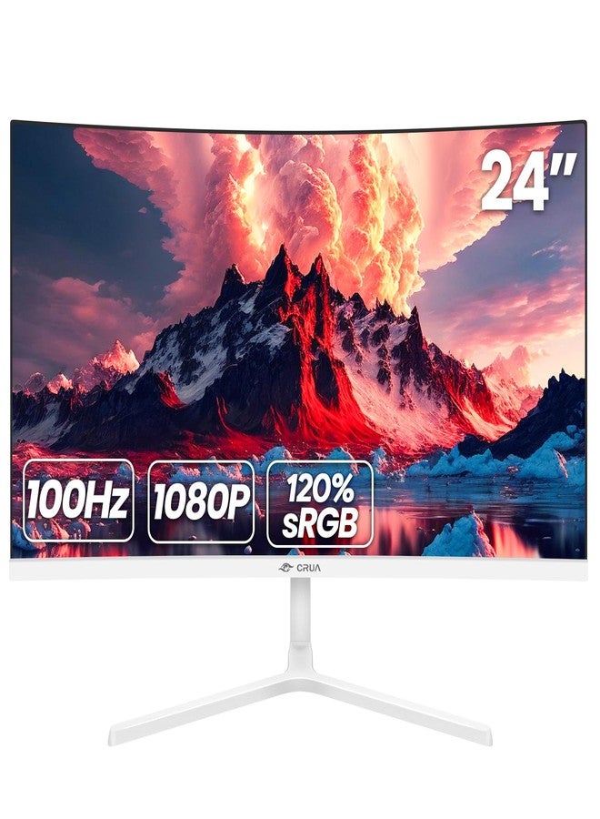 CRUA 24 Inch Curved Monitor, FHD(1920×1080P) 100HZ 99% sRGB Computer Monitors, Narrow Bezels on Three Sides, Blue Light Filter PC Monitor for Home, Office and Dormitory(HDMI, VGA)-White - Image 1