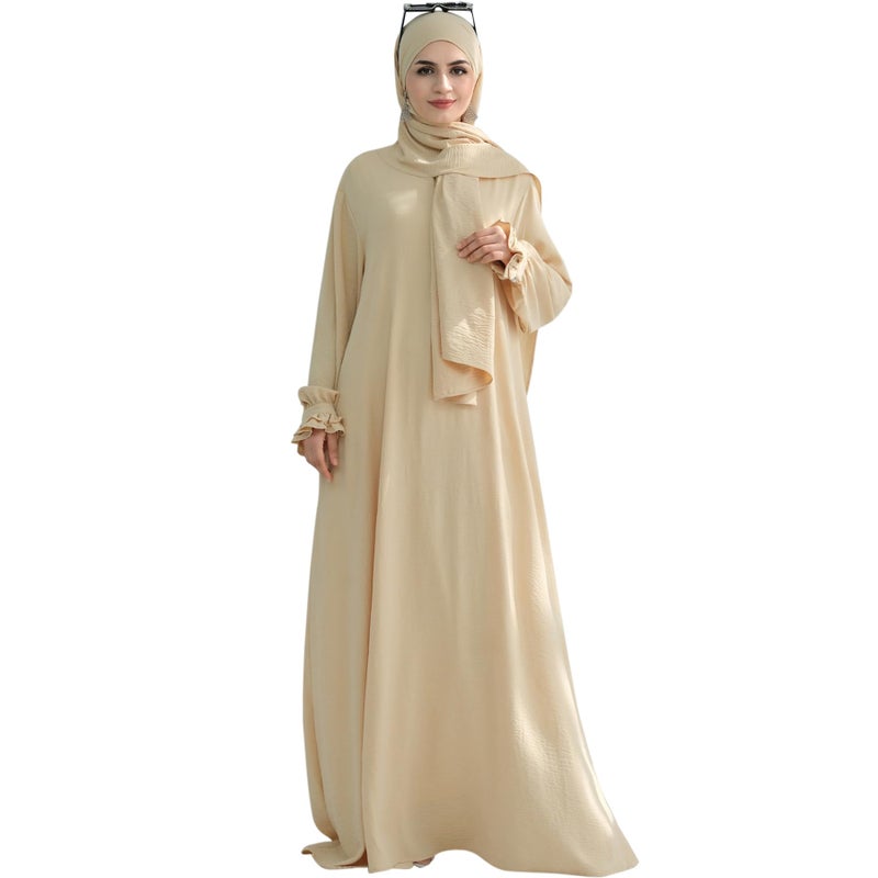 Khalat Women's Beige One Size Maxi Abaya Dress with Hijab Scarf, Lace Sleeve, Flowy, Arabian Robe, Islamic Modest Dress - Image 4